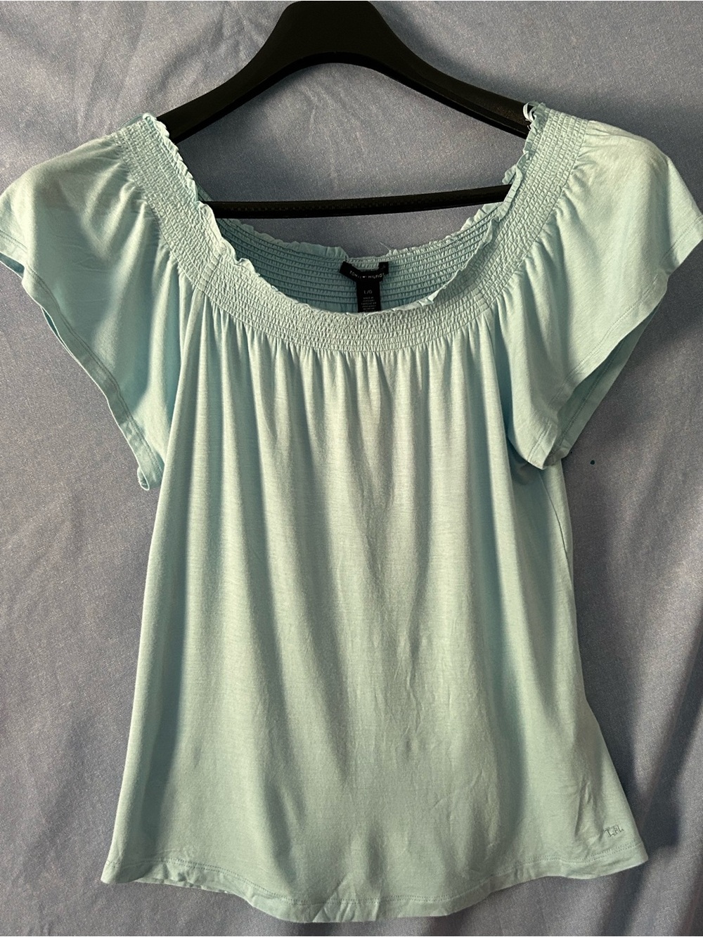 Tommy Hilfiger Light Aqua Smocked Off-Shoulder Top